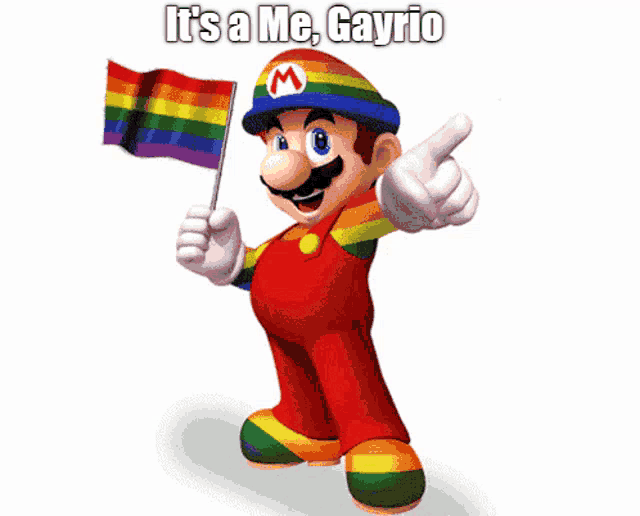 a picture of mario holding a rainbow flag with the words it 's a me gayrio above him