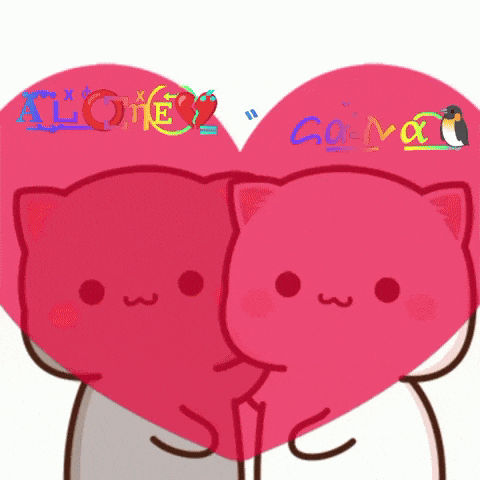 two pink cats are hugging each other in front of a pink heart with the words " alone " and " come " written on it