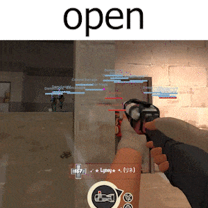 a person holding a gun in front of a wall with the word open above them
