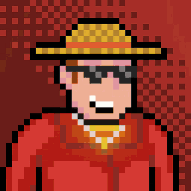 a pixel art image of a man wearing a hat and sunglasses