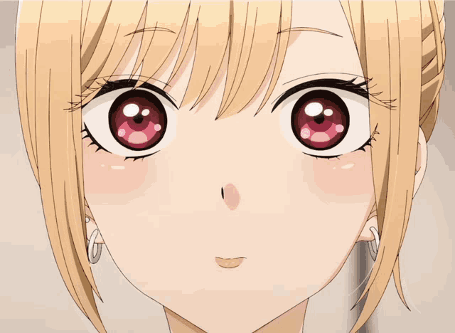 a close up of a anime girl 's face with red eyes