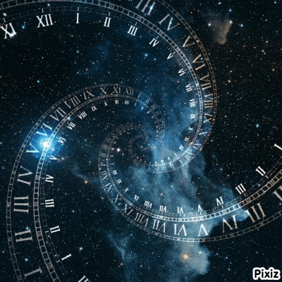a spiral clock with roman numerals in the middle of a starry sky