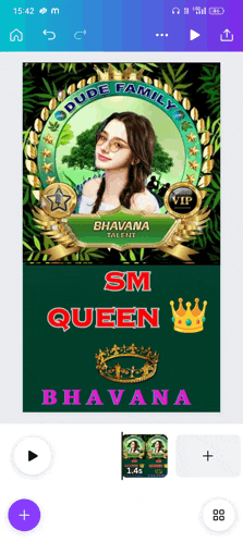 a phone screen shows a picture of a woman and the words dude family sm queen bhavana