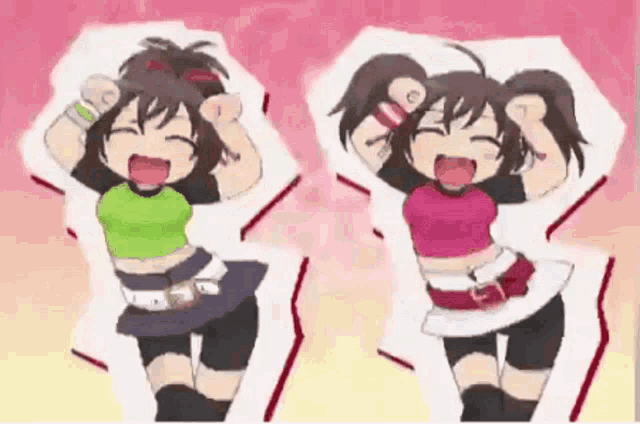 two anime girls are dancing together with their hands in the air