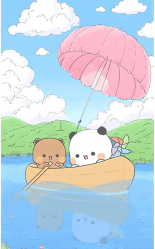 a cartoon drawing of two bears in a boat with a parachute
