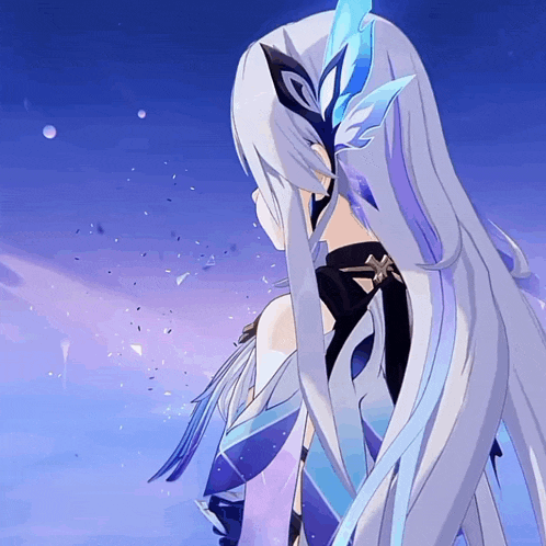 a girl with long white hair and a butterfly on her head