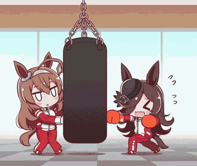 a cartoon of two horses boxing a punching bag