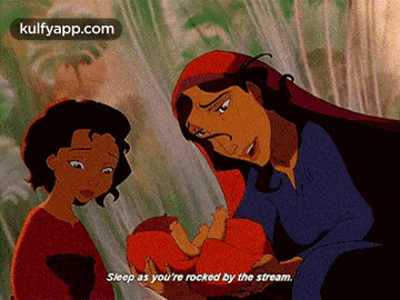 a woman is holding a baby and saying sleep as you 're rocked by the stream .