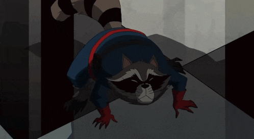 a raccoon wearing a superhero costume is standing on a ledge