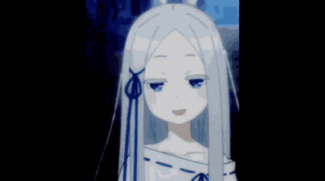a person is pointing a gun at a girl with white hair and blue eyes .