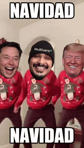 elon musk donald trump and a man with a beanie that says multivers x
