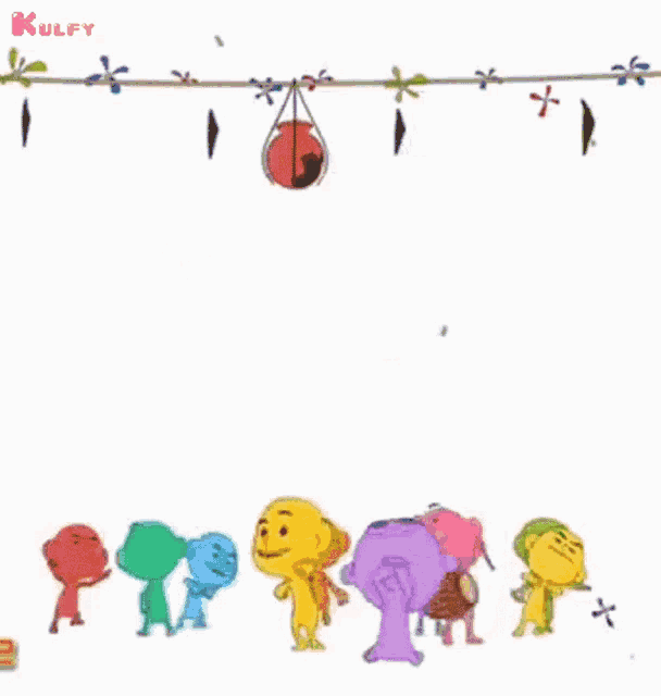 a group of cartoon characters are standing next to each other with the words happy janmashtami written in orange .