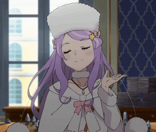 a girl with purple hair and a white hat is smiling