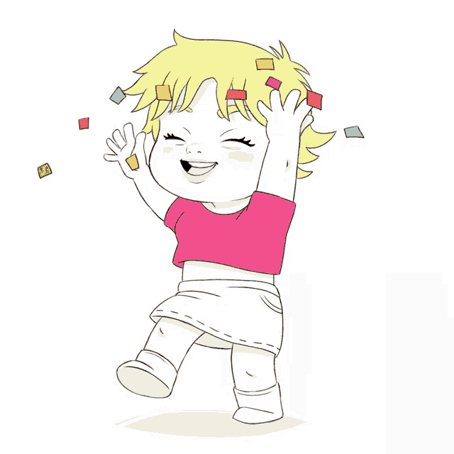 a little girl in a pink shirt and white skirt is dancing