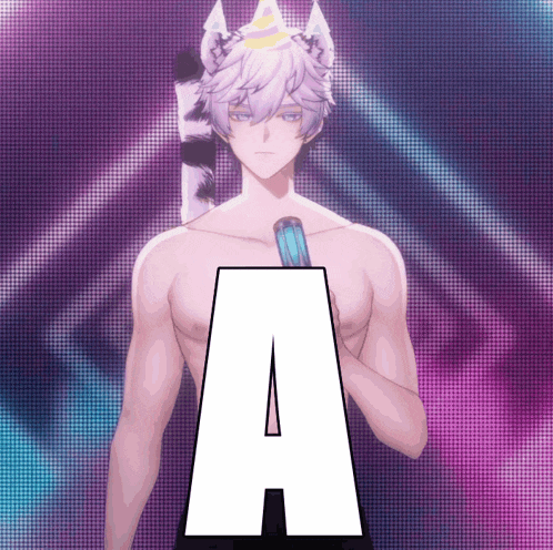 a shirtless anime character with a unicorn horn and the letter a below him