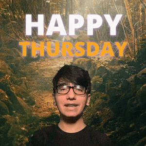 a young man wearing glasses is smiling in front of a happy thursday sign