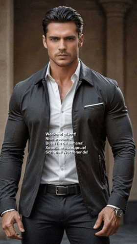 a man wearing a black jacket and a white shirt says weekend platzt
