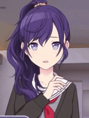 a girl with purple hair is wearing a black sweater and a red tie