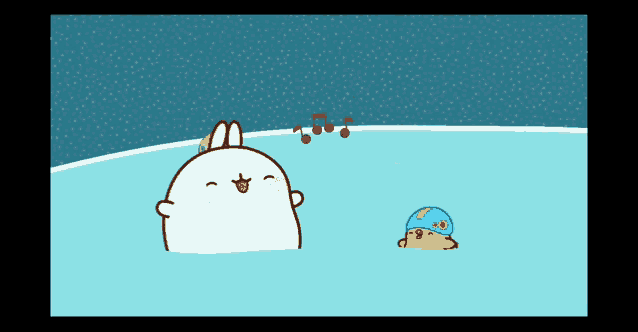 a cartoon drawing of a rabbit and a duck in a pool with music notes behind them