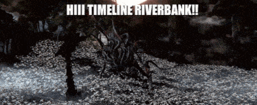 a monster in a field of flowers with the words hill timeline riverbank