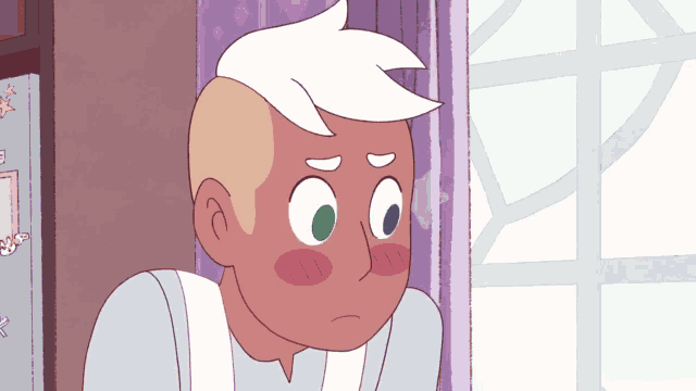 a cartoon character with white hair is looking out a window with his eyes closed