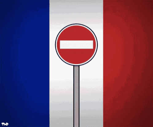 a cartoon drawing of a do not enter sign in front of a flag