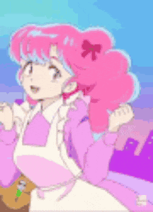 a girl with pink hair and blue eyes is wearing a pink apron and a pink dress .