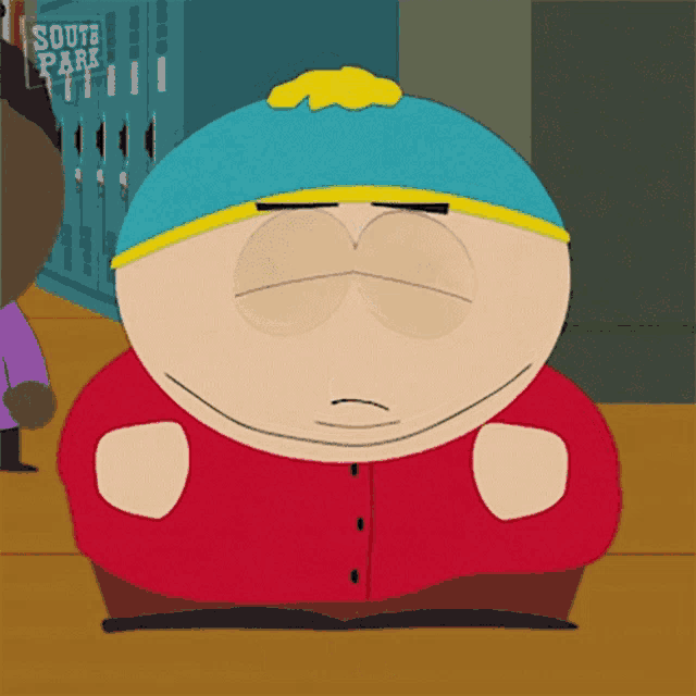 a cartoon character from south park with a blue hat and red shirt