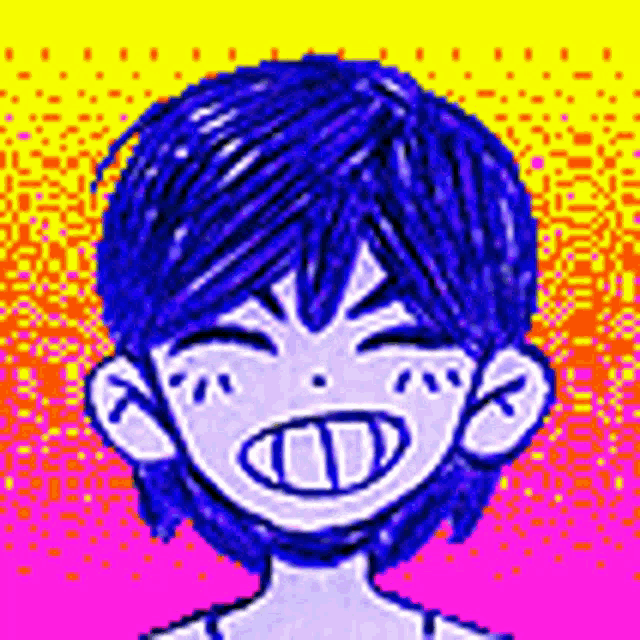 a pixel art drawing of a boy with blue hair and a smile on his face .