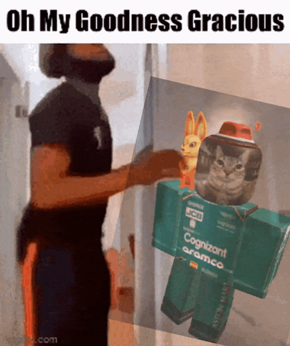 a man standing next to a picture of a cat in a cognizant aramco outfit
