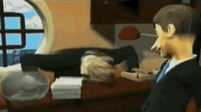a man in a suit is talking to another man in an office