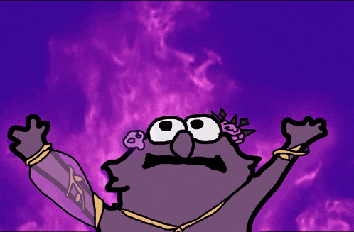 a cartoon character with a crown on his head is standing in front of a purple sky