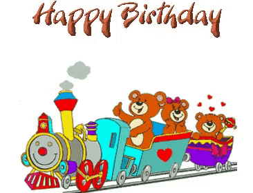 a train with teddy bears on it and the words happy birthday
