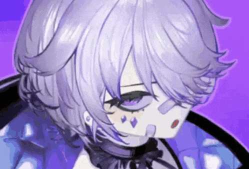 a close up of a person 's face with purple hair and a choker .