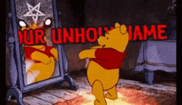 a cartoon of winnie the pooh looking at himself in the mirror