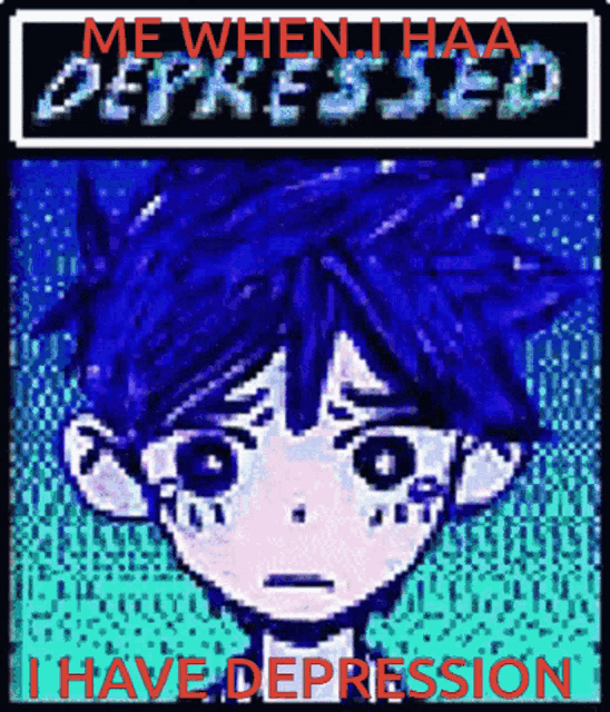 a pixel art of a boy with the words " me when i haa depressed i have depression " below him