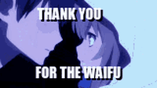 a man and a woman are looking at each other with the words `` thank you for the waifu '' on the bottom .