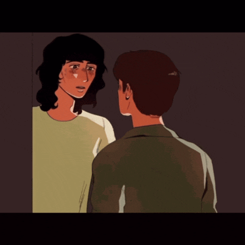 a cartoon of two people looking at each other