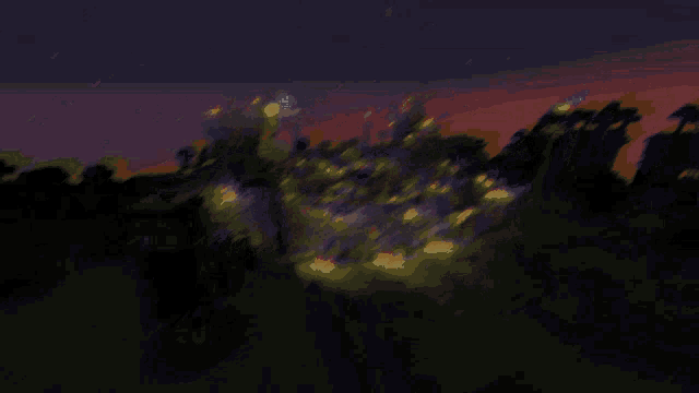a painting of a sunset with a lot of lights on