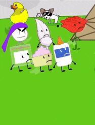 a group of cartoon characters are standing in a grassy field with a dog flying overhead .