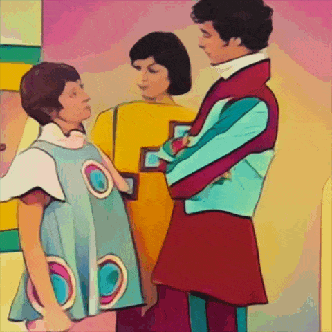 a cartoon of a man standing next to two women