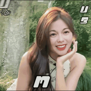 a woman with long hair and red lipstick is smiling with the letter m above her head .