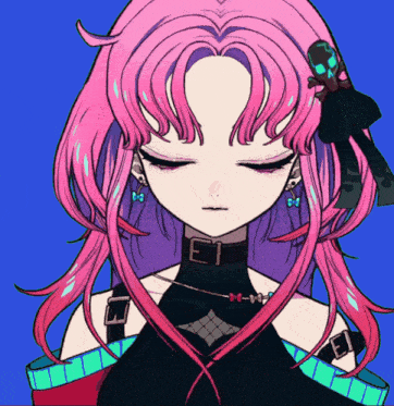 a drawing of a girl with pink hair and a choker that says e on it