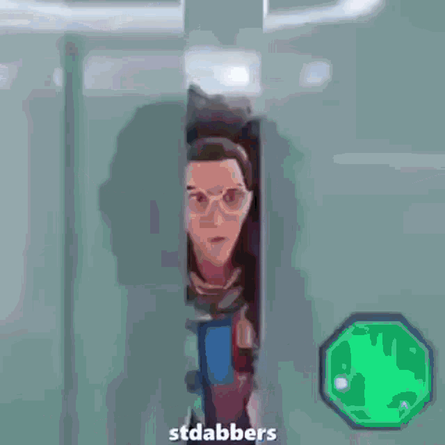 a cartoon character with glasses and a huge afro is standing in front of a green button that says stdabbers .