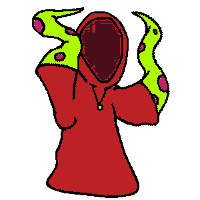 a pixel art drawing of a red hooded figure with green tentacles