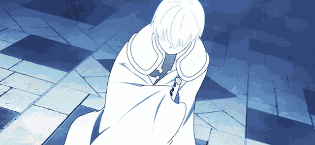a blue and white drawing of a person with a white cape on