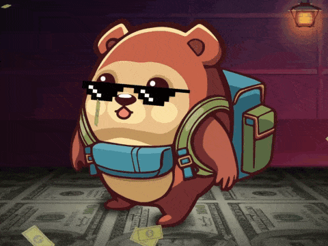 a cartoon bear wearing sunglasses and a backpack is standing in front of a pile of 100 dollar bills
