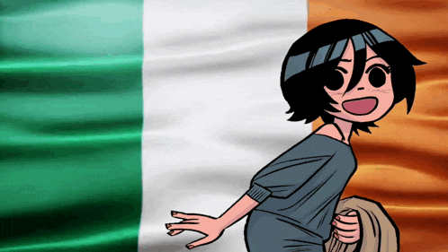 a cartoon of a girl standing in front of a green white and orange flag