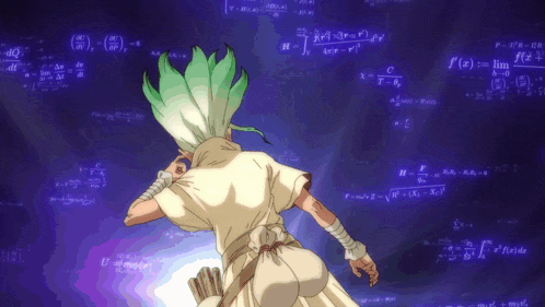 a man with green hair is standing in front of a wall of equations