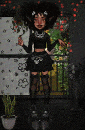 a girl in a black outfit is standing in front of a window with flowers on it
